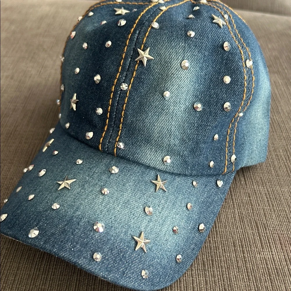 LA VALENTINA Denim Bling Baseball Hat Silver Stars and Rhinestones NWT